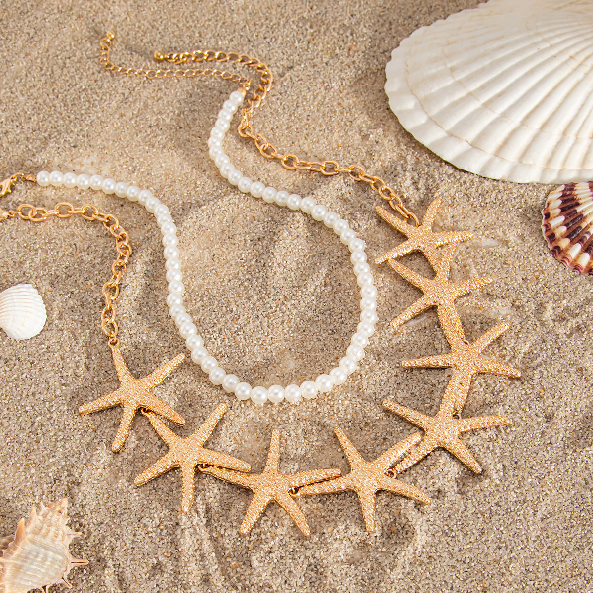 Sweet Plated Alloy Star Pendant Multi-layer Pearl Ball Chain Necklace for Women