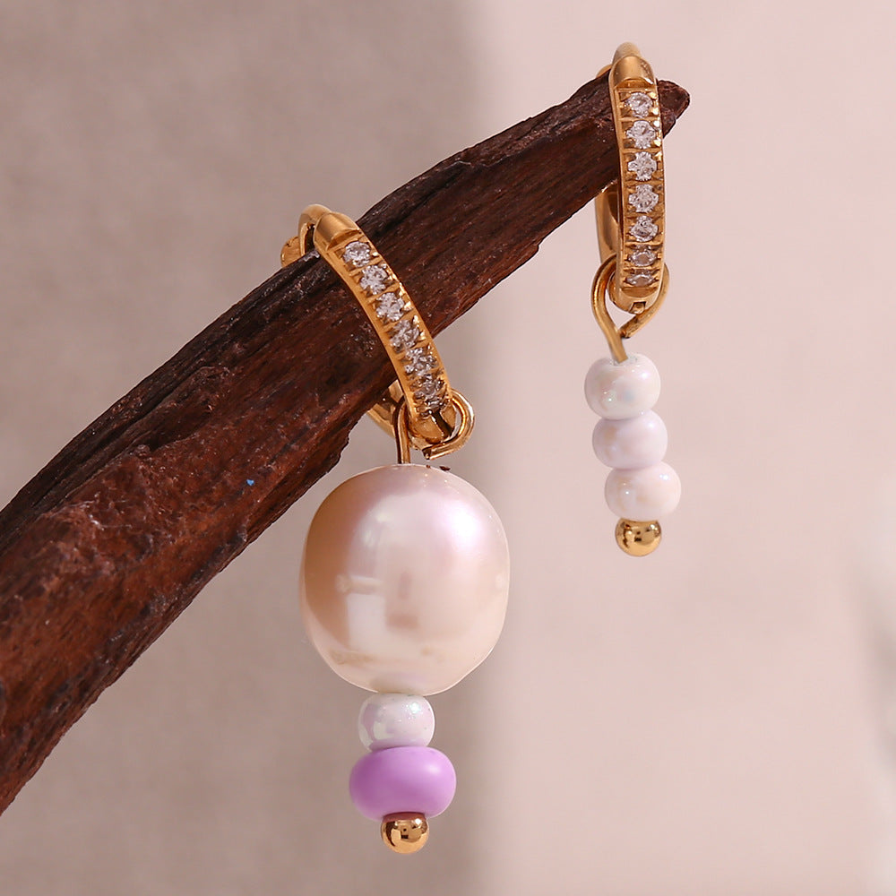 Fashionable Y2K Irregular Geometric Stainless Steel Plated 18K Gold Freshwater Pearl Beaded Hoop Earrings for Women