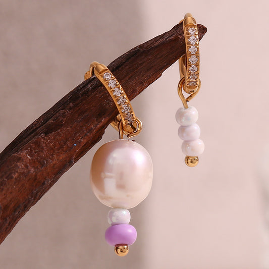 Pendientes de aro con cuentas de perlas de agua dulce de acero inoxidable chapado en oro de 18 quilates con formas geométricas irregulares, estilo Y2K, para mujer