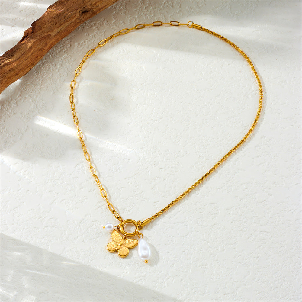 Minimalist Elegant Butterfly Teardrop Stainless Steel Plated Necklace for Women