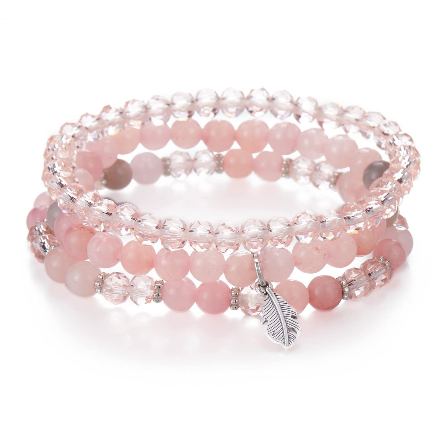 Minimalist Geometric Crystal Feather Pendant Bracelet Set