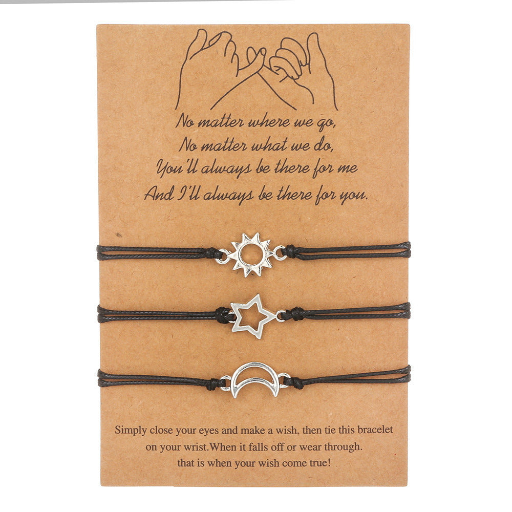 Personalized Geometric Star Moon Stainless Steel Woven Cord Bracelet Set