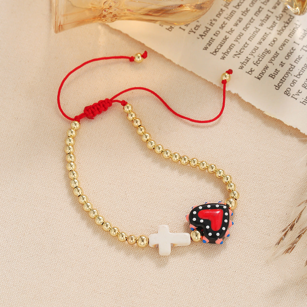 Casual Elegant Handmade Geometric Cross Heart Turquoise Bracelet with Gold Bead Accents