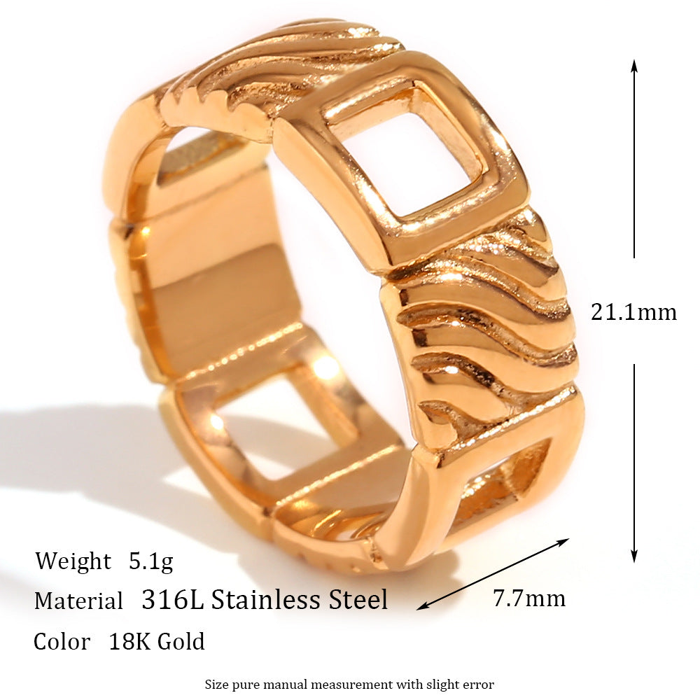 Vintage Geometric Stainless Steel Plated 18K Gold Square Ring for Women