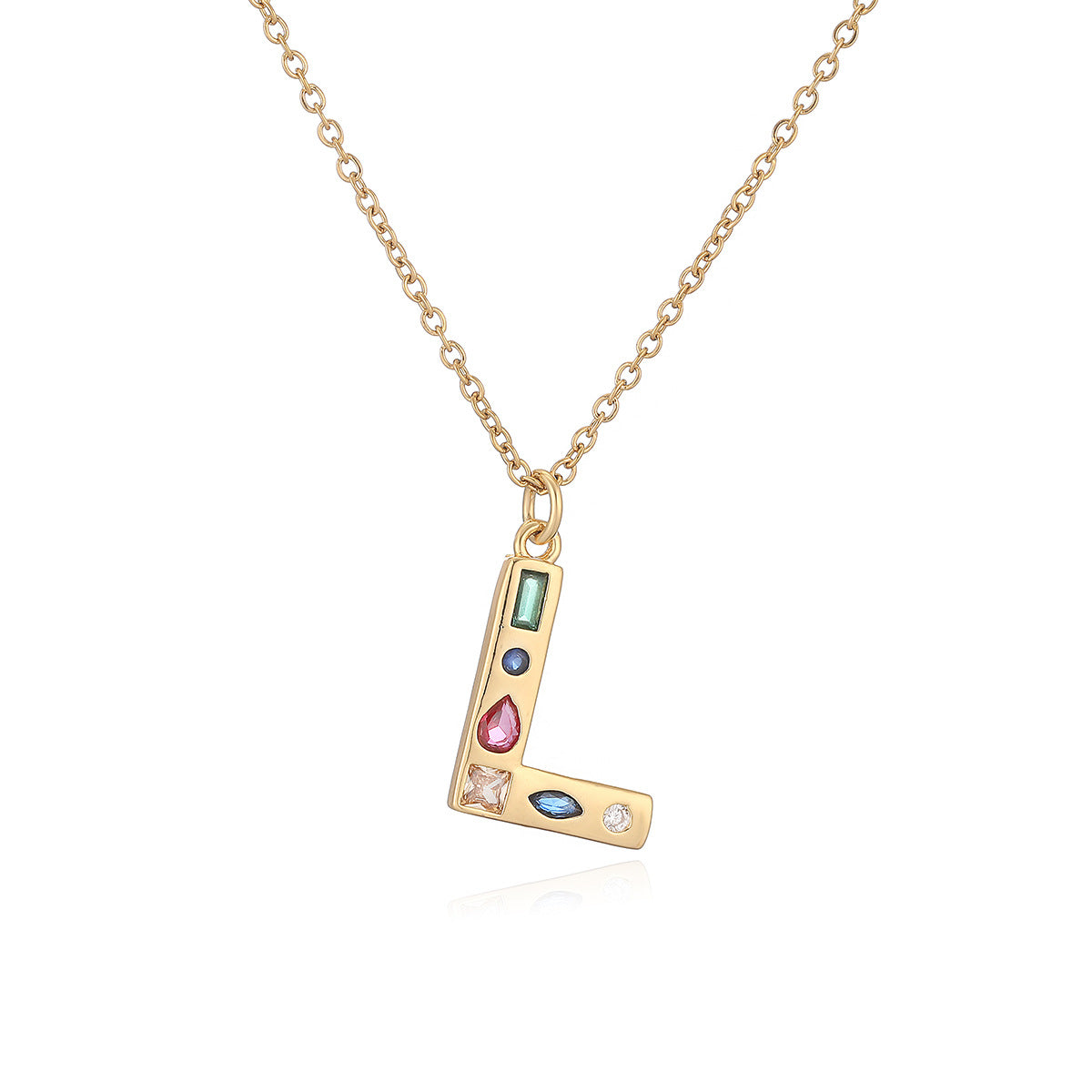 Minimalist Letter Shape Copper Pendant Necklace with 18K Gold Plating and Colored Zircon Inlay for Women