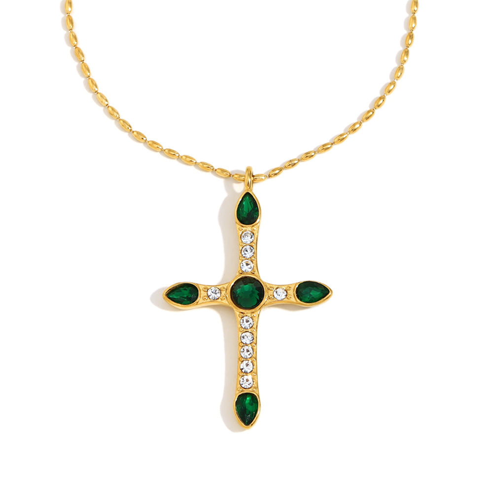Vintage French Style Geometric Cross Pendant Necklace for Women in Stainless Steel with 18K Gold Plating and Green Zircon