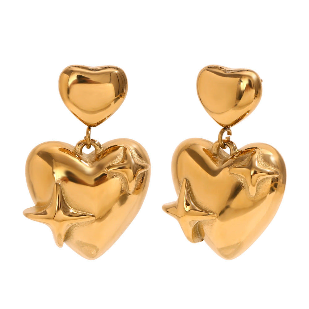 Fashionable Minimalist Star and Heart Shape Stainless Steel Earrings with 18K Gold Plating for Women