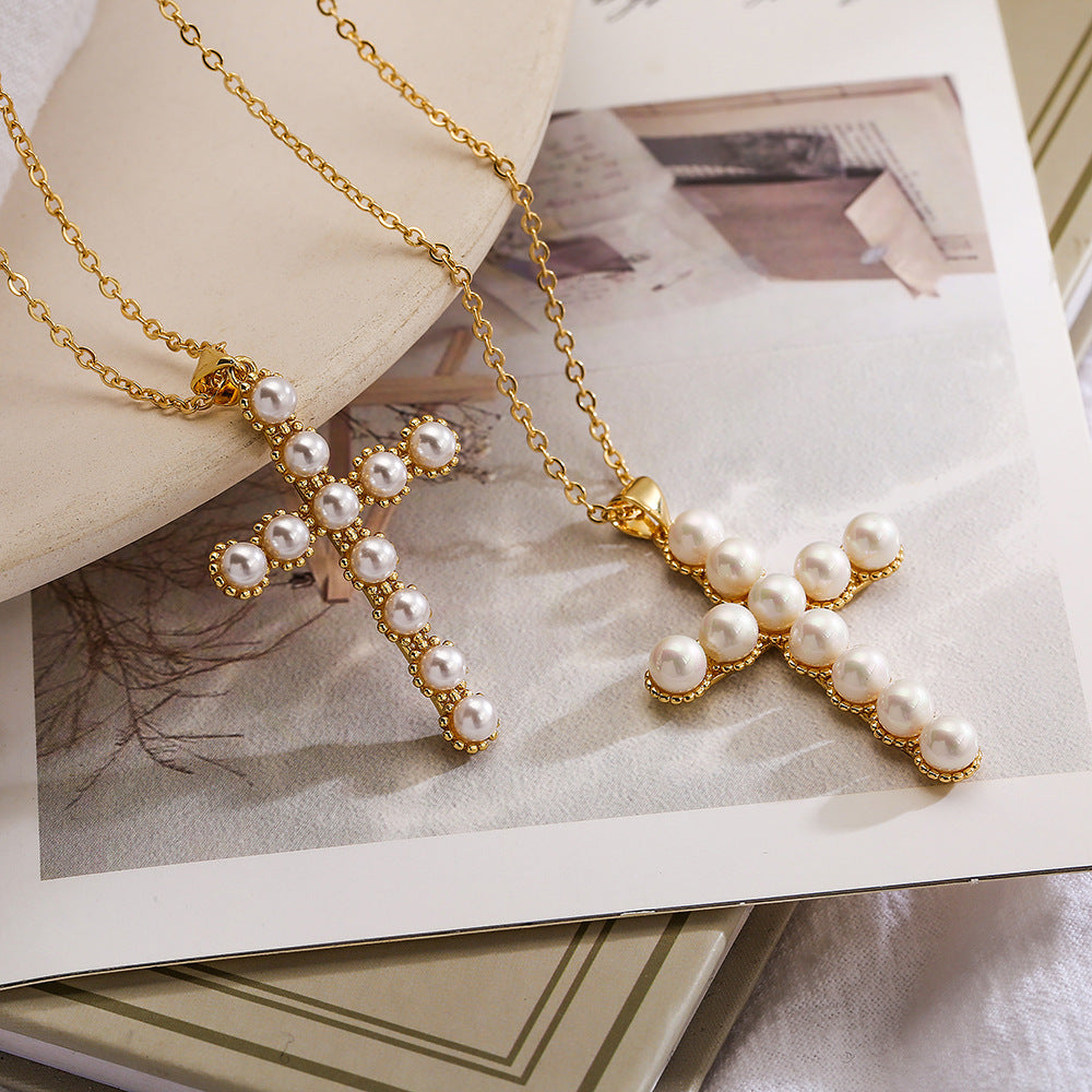 Minimalist Geometric Pendant Necklace for Women with Copper Base Plated in Real Gold and Pearl Inlay