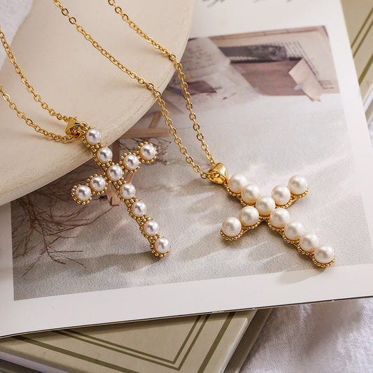 Minimalist Geometric Pendant Necklace for Women with Copper Base Plated in Real Gold and Pearl Inlay