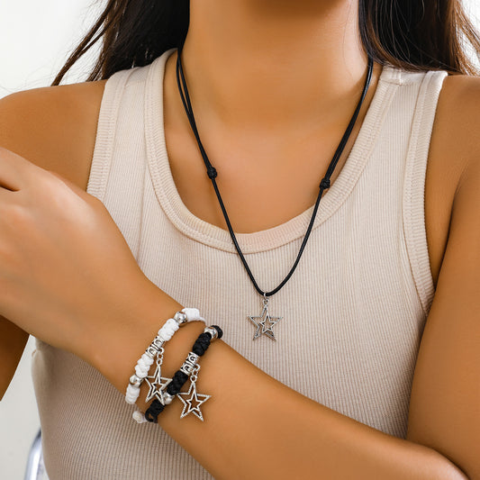 Plated Alloy Star Geometric Pendant Curb Chain Necklace Set for Women