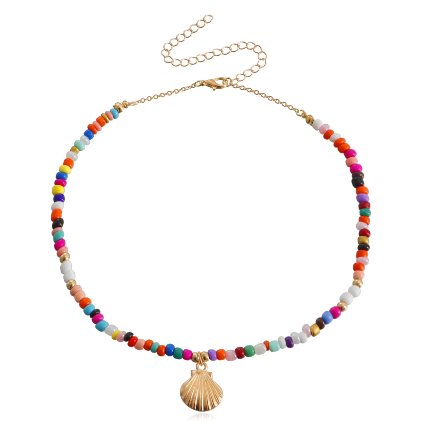 Bohemian Style Large Beaded Necklace with Shell Pendant for Women, Alloy Chain with Plated Finish, Geometric Design Collar Necklace
