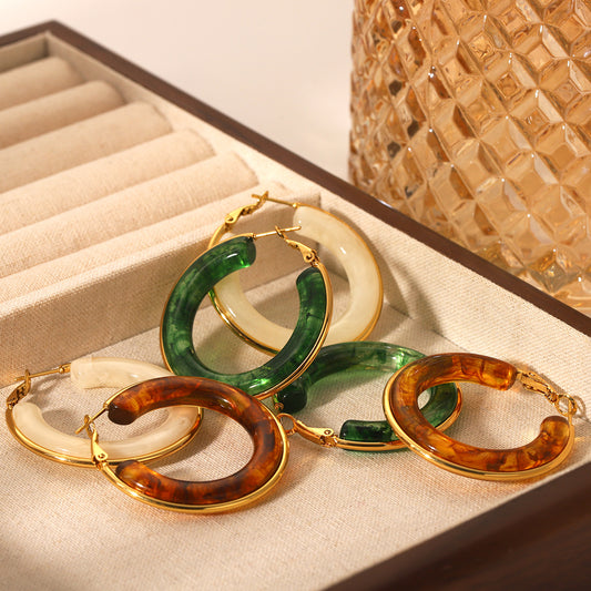 Pendientes de aro chapados en acero inoxidable con diseño geométrico de estilo francés vintage para mujer con detalles de resina
