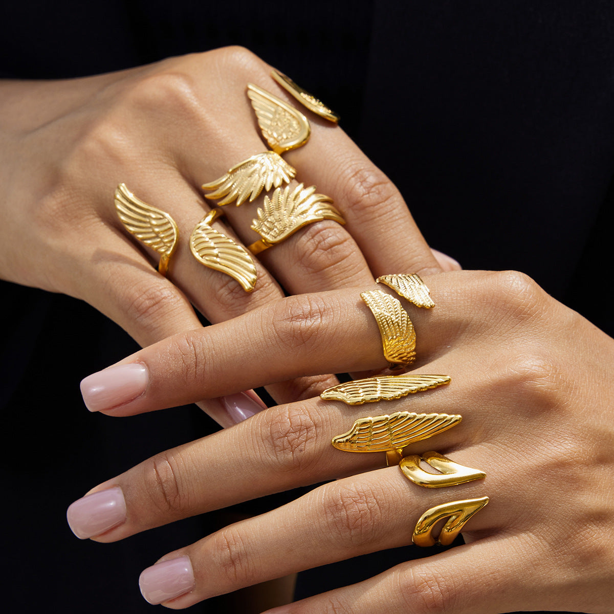 Anillo de acero de titanio con forma de ala geométrica para mujer con acabado chapado, joyería de moda minimalista