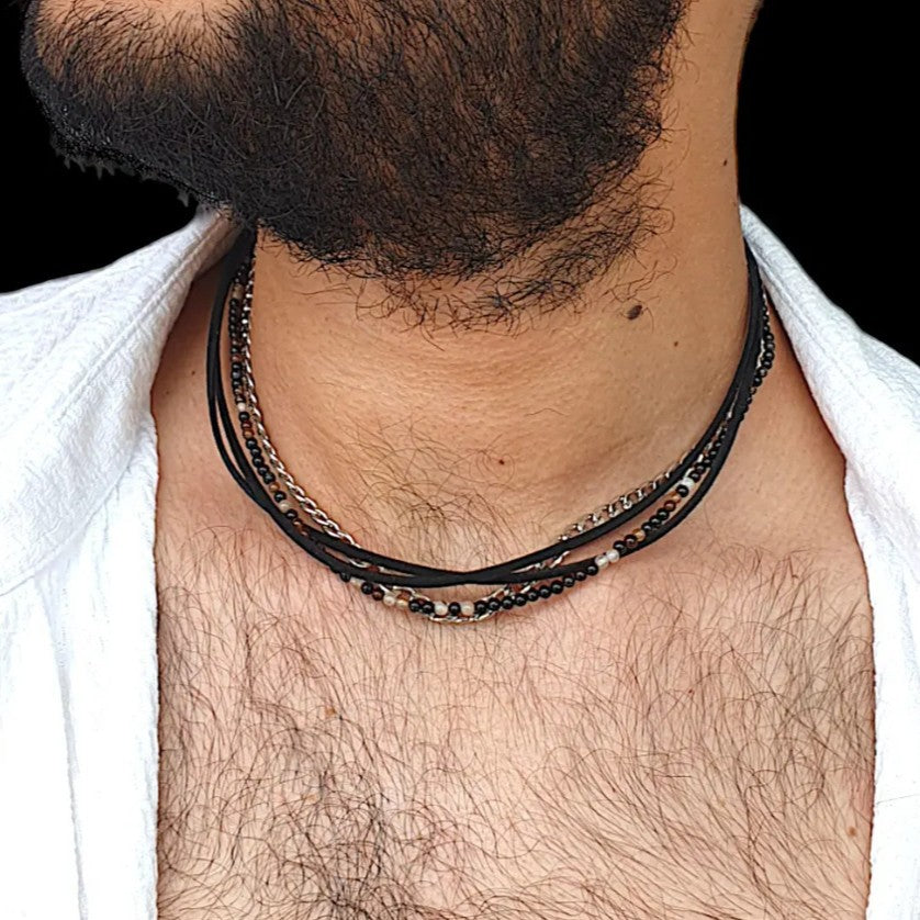 Personalized Geometric Black Agate Leather Spliced Chain Necklace for Men