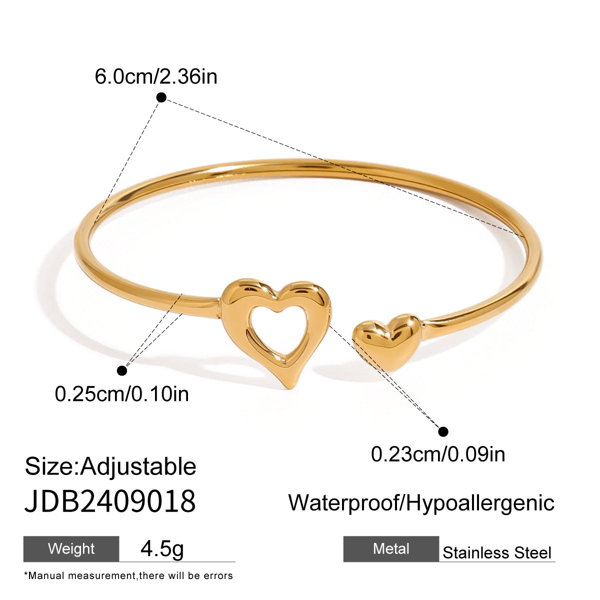 Bracciale Minimalista a Cuore in Acciaio Inox con Finitura Placcata per Donna