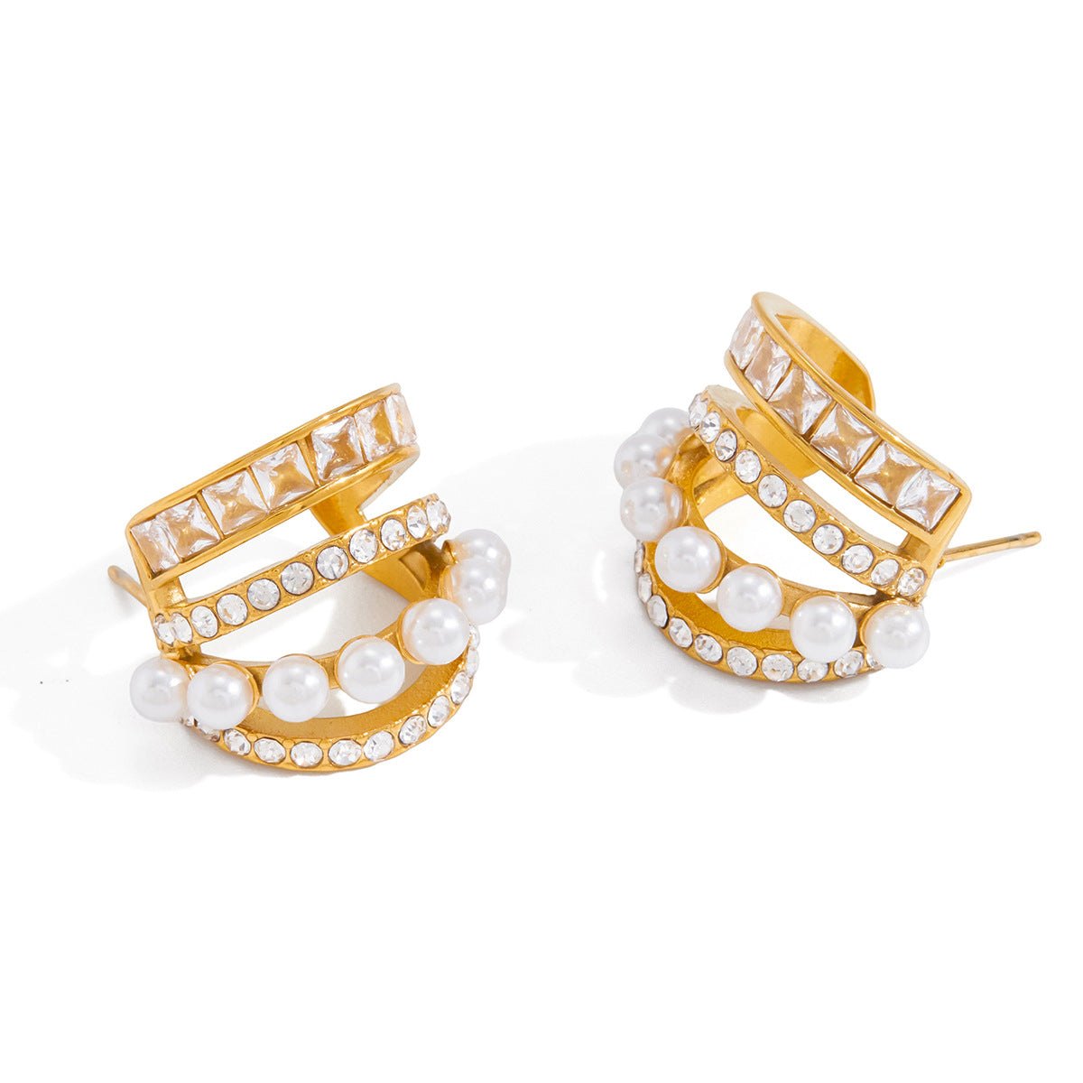 Elegant Geometric C-Shaped Stainless Steel Earrings with Rhinestone and Imitation Pearl Plated Finish for Women