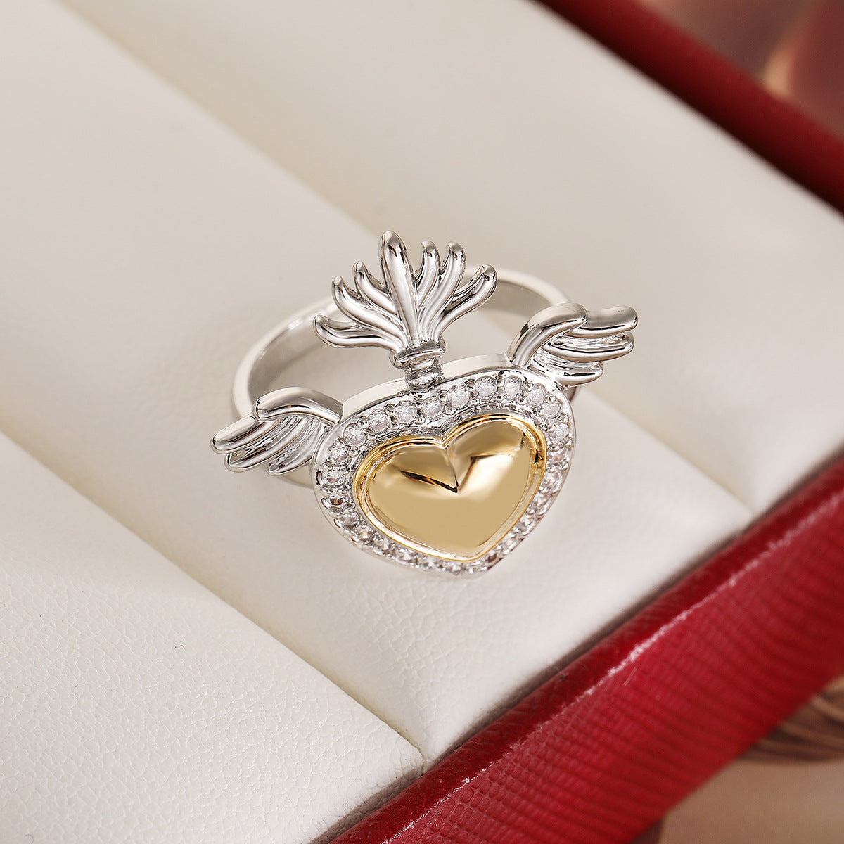 Minimalist Geometric Heart-Shaped Wing Ring for Women in Copper with Micro-Pave Zirconia Plating