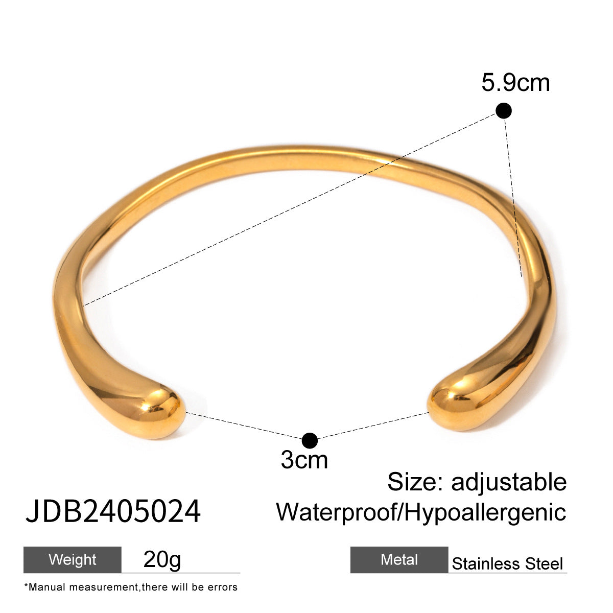 18K Gold Plated Hammered Geometric Irregular Wave Open Cuff Stainless Steel Bracelet