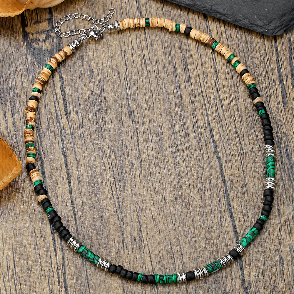 Bohemian Minimalist Geometric Round Coconut Shell Turquoise Stainless Steel Handmade Cable Chain Necklace for Unisex