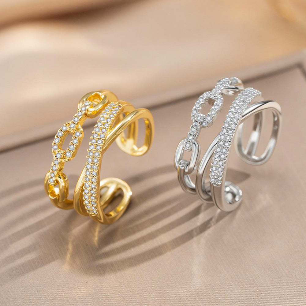 Anillo abierto ajustable chapado en oro de 18 quilates con incrustaciones de circonitas y diseño geométrico de lujo ligero clásico para mujer