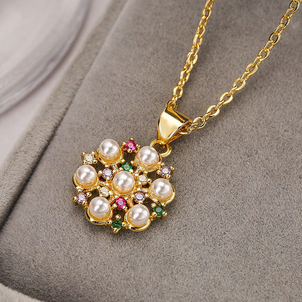 Minimalist Geometric Pendant Necklace for Women with Zircon and Pearl Accents on Copper Chain