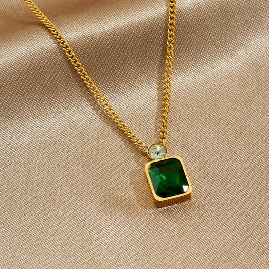 Minimalist Gold Plated Square Geometric Rhinestone Inlay Stainless Steel Pendant Necklace for Women