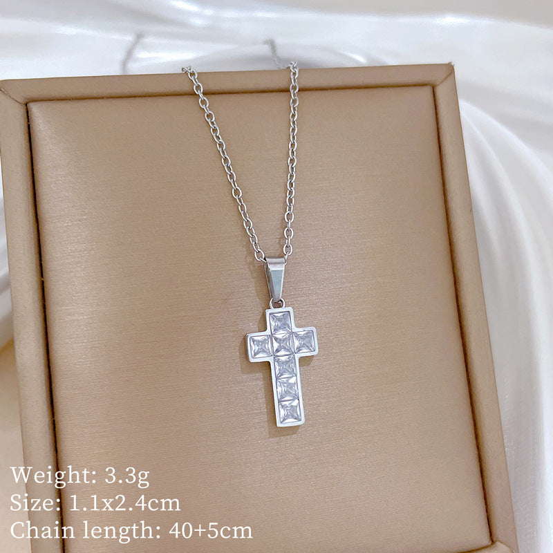 Sweet Cubic Zirconia Cross Plated Titanium Steel Necklace Curb Chain Unisex