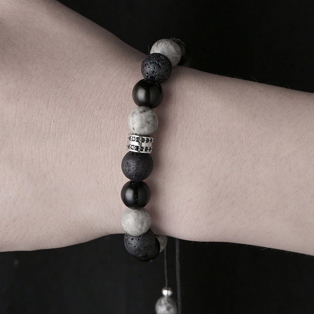 Vintage 10mm Round Stone Beaded Bracelet with Brass and Cubic Zirconia Inlay Adjustable Unisex Jewelry