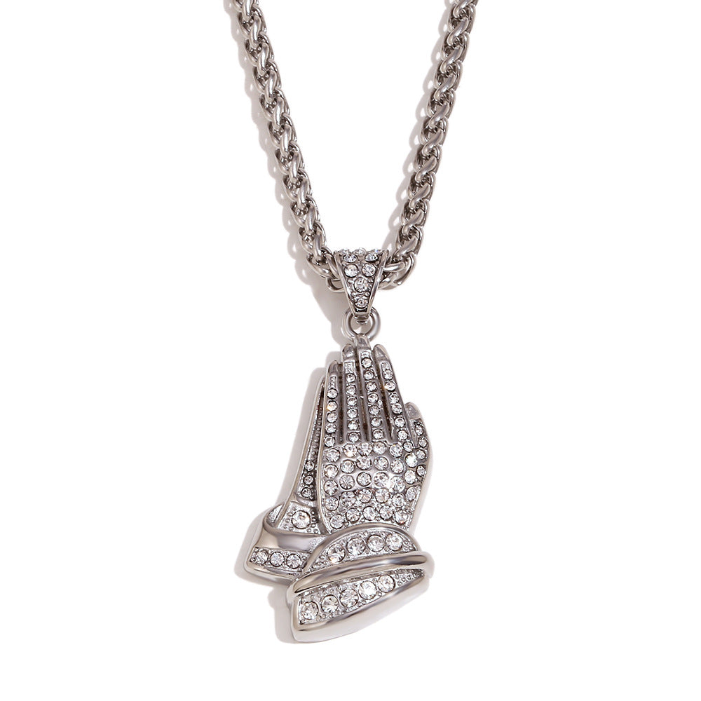 Vintage Hip Hop Geometric Stainless Steel Plated 18K Gold Palm Gesture Pendant Necklace for Men with Twisted Chain
