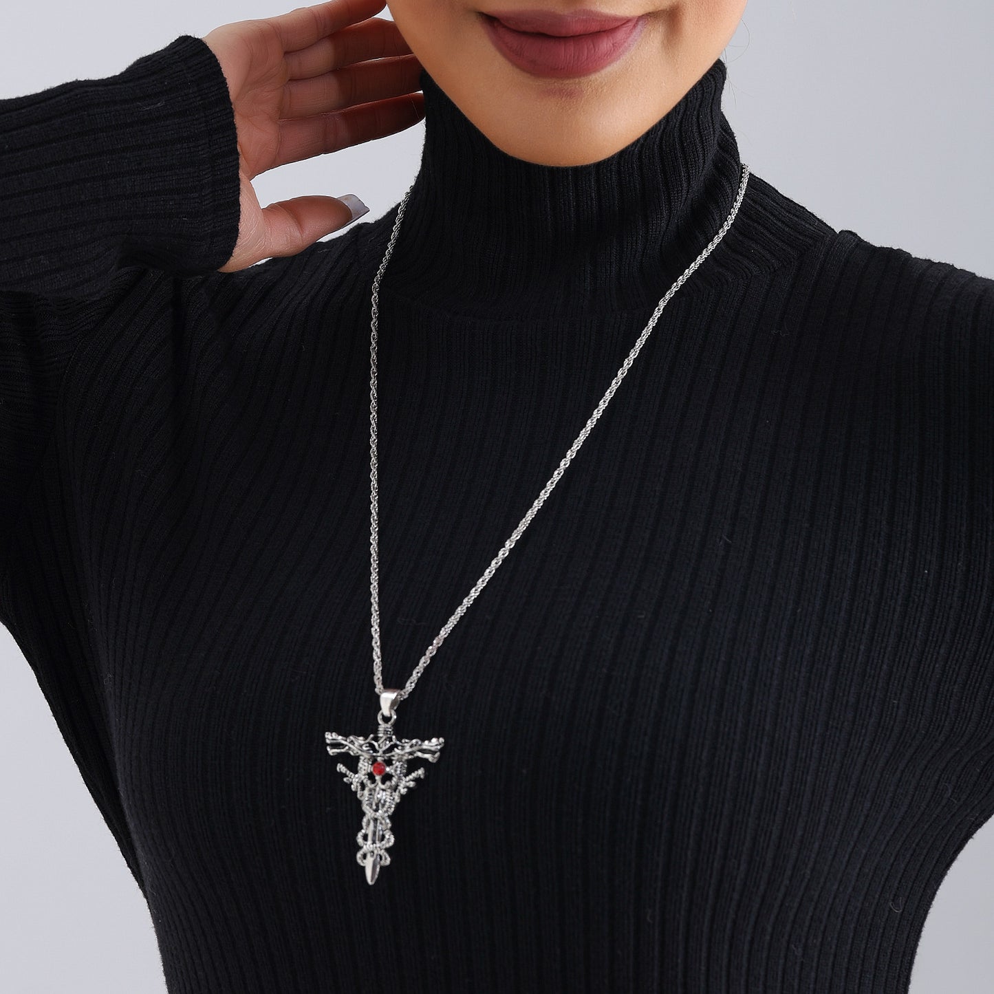 Minimalist Dragon Cross Pendant Necklace for Women in Plated Metal with Geometric Design Locket Chain