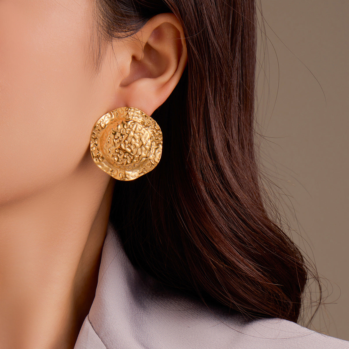 Pendientes de acero inoxidable circulares martillados estilo vintage para mujer, aretes hipoalergénicos de acero de titanio