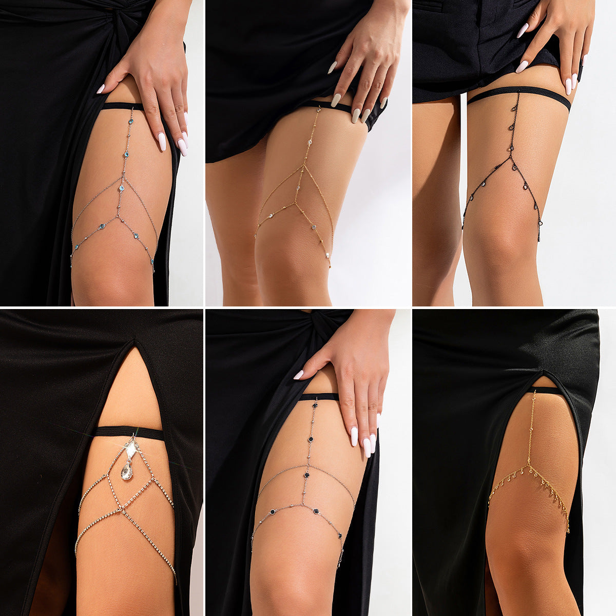 Casual Geometric Rhinestone Alloy Elastic Band Thigh Chain with Tassel for Women