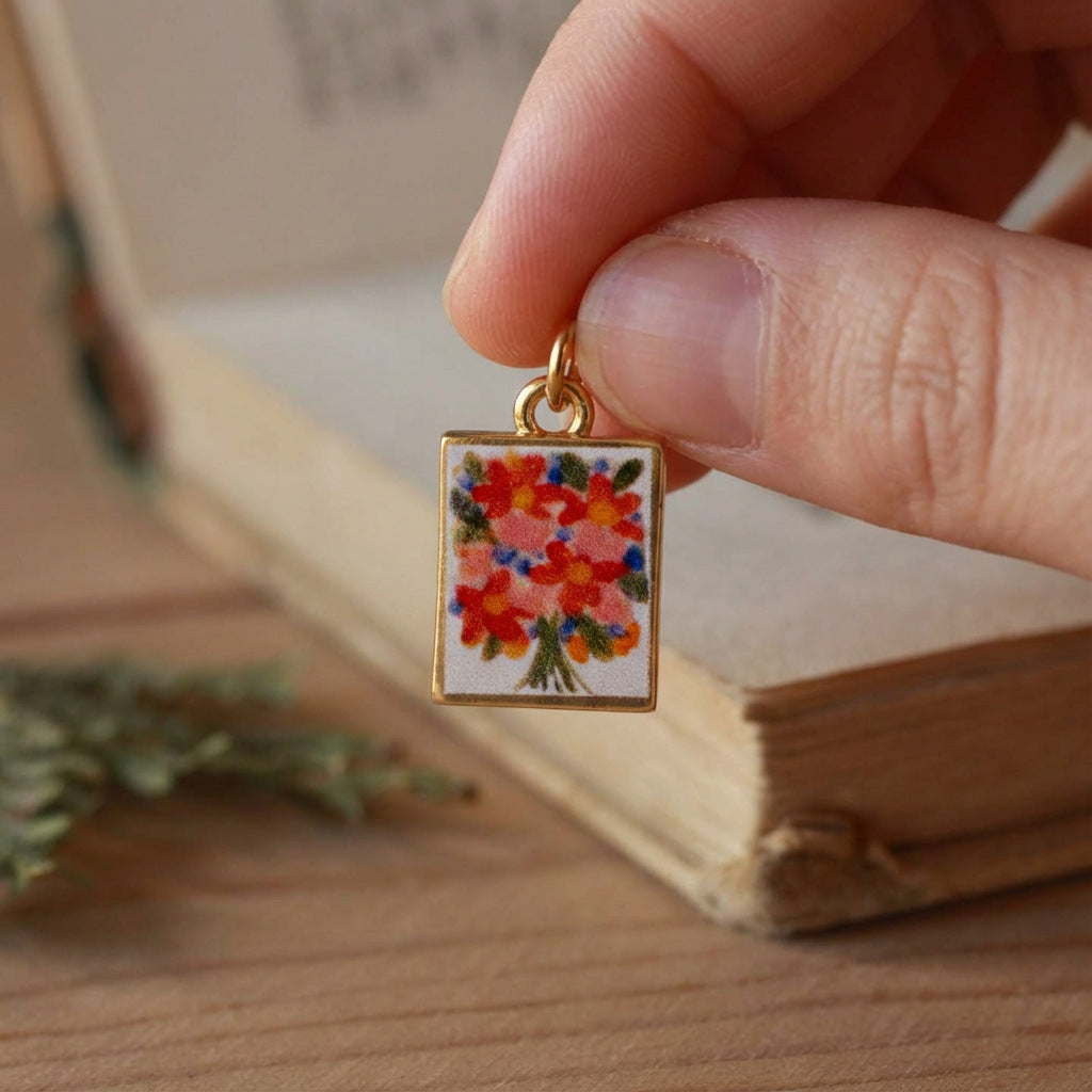 Vintage Square Floral Brass Plated 18K Gold DIY Charm Bar Pendant