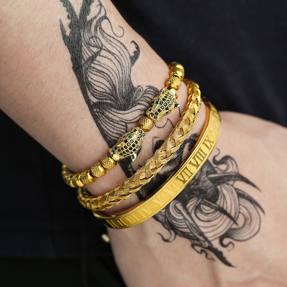 Vintage Brass Cubic Zirconia Leopard Head Woven Titanium Steel Bracelet Set for Men and Women