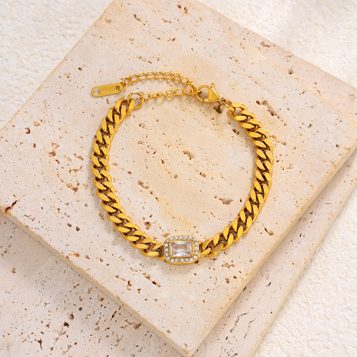 Elegant 18K Gold Plated Stainless Steel Bracelet with Cubic Zirconia Geometric Round Square Design for Women