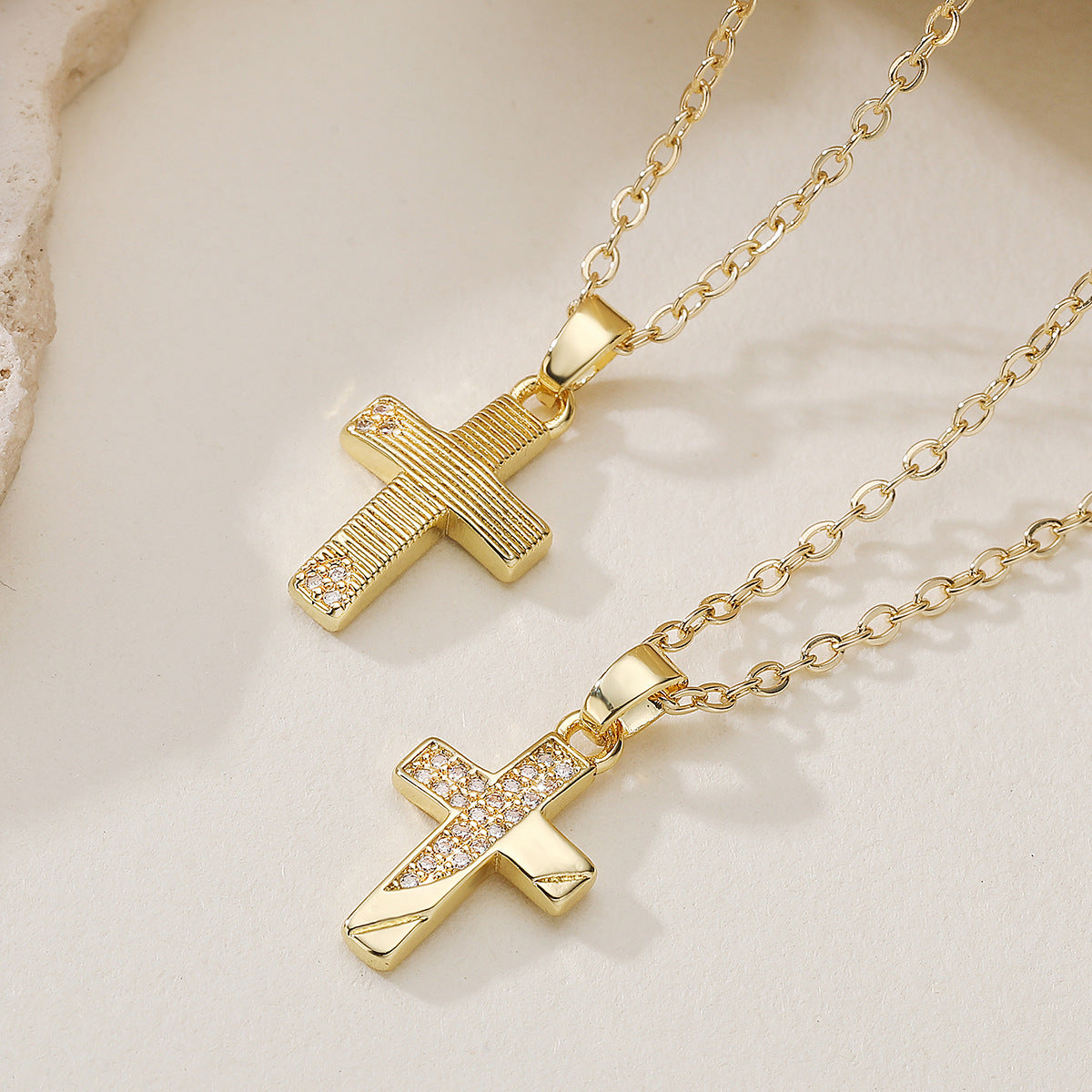 Minimalist 18K Gold Plated Brass Cross Pendant Necklace with Cubic Zirconia for Women