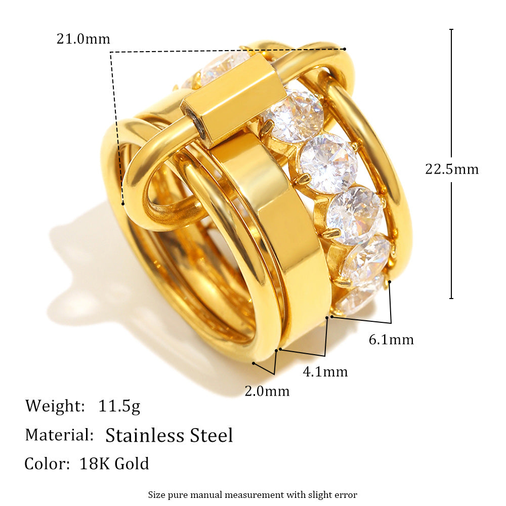 Fashionable Geometric Stainless Steel Ring with 18K Gold Plating and Multi-Layer Zirconia for Women