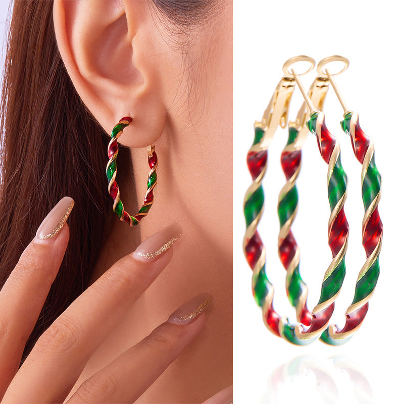 Pendientes de aro en espiral geométrica de aleación con acabado esmaltado para mujer, diseño circular colorido de Navidad