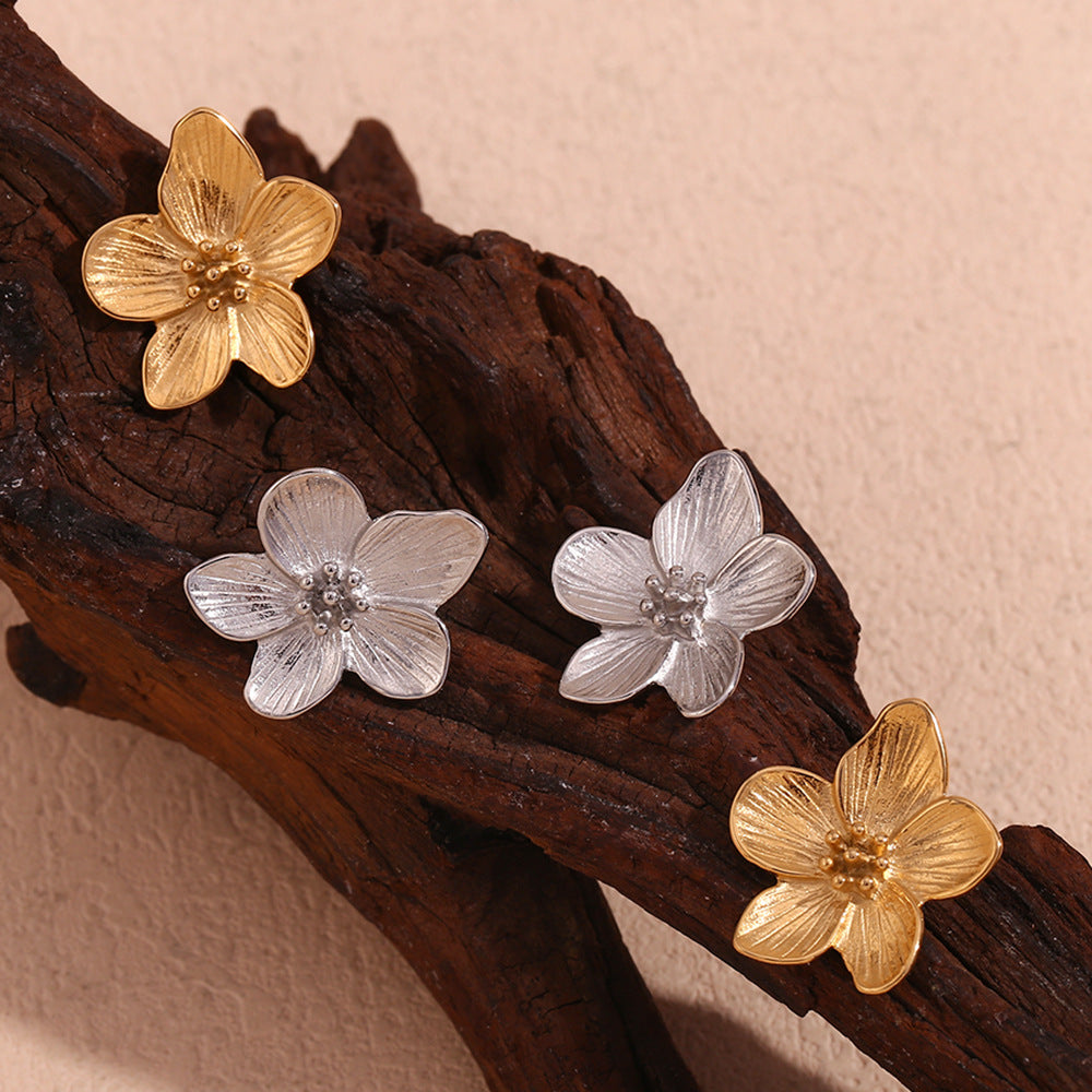 Vintage Floral Stainless Steel Earrings with 18K Gold Plating for Women