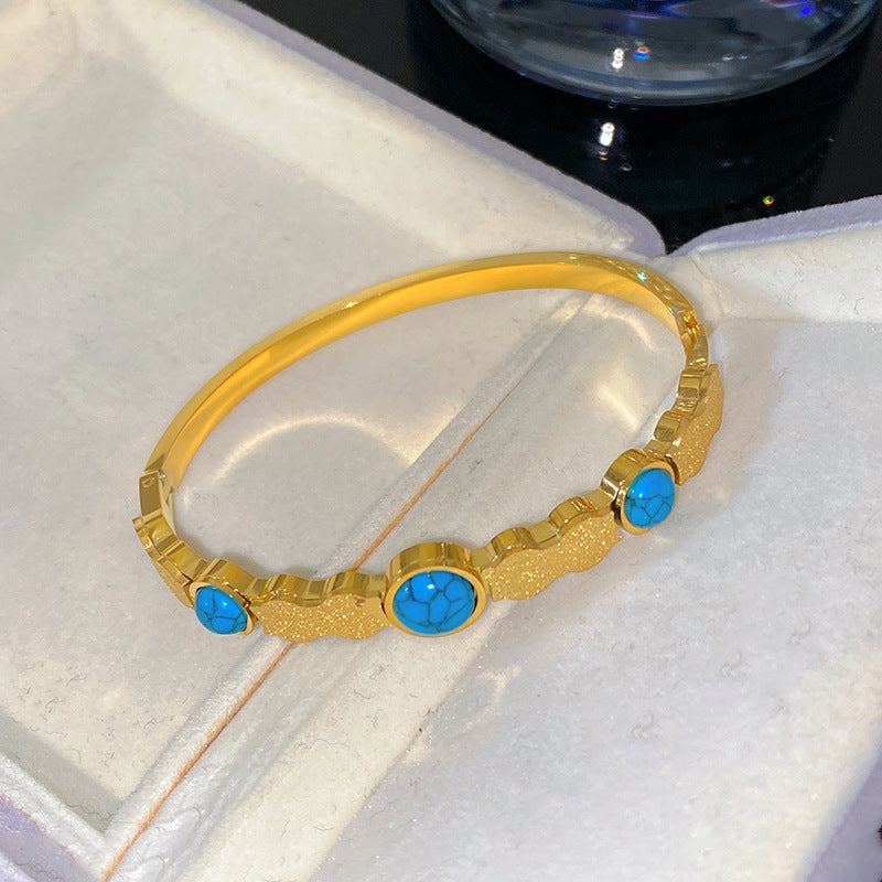 Minimalist Geometric Letter Turquoise Inlay Titanium Steel Bracelet for Women