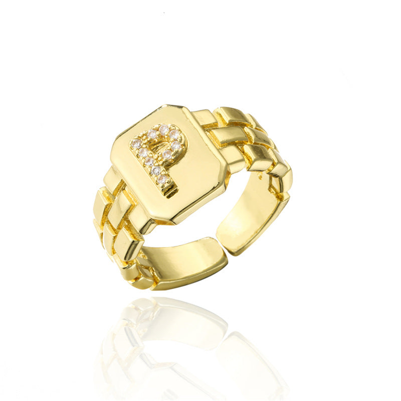 Minimalist Adjustable Open Ring with 18K Gold Plated Copper Band and AAA Zircon Letters Design