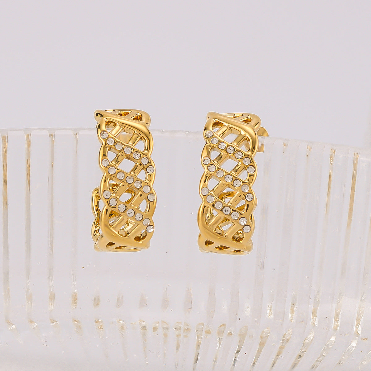Geometric Stainless Steel Earrings with Plated 18K Gold Finish, Hollow Grid Pattern and Full Rhinestone Inlay for Women