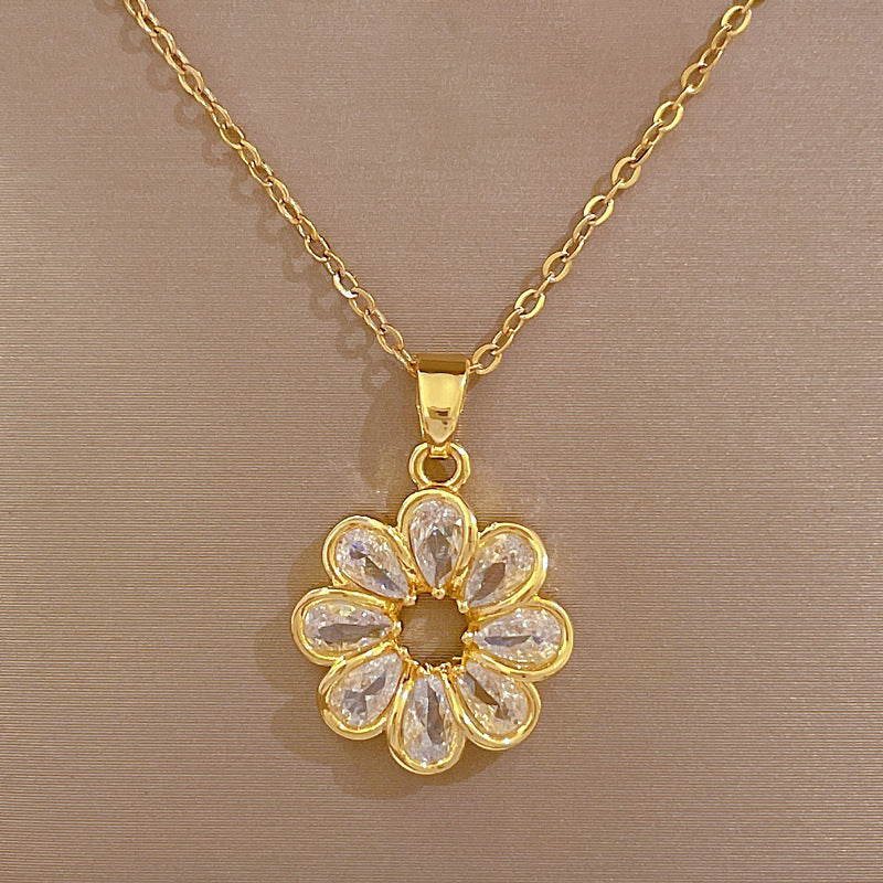 Conjunto de collar y pendientes de lujo de acero de titanio con colgante geométrico redondo de flor y incrustaciones de pedrería para mujer para eventos formales