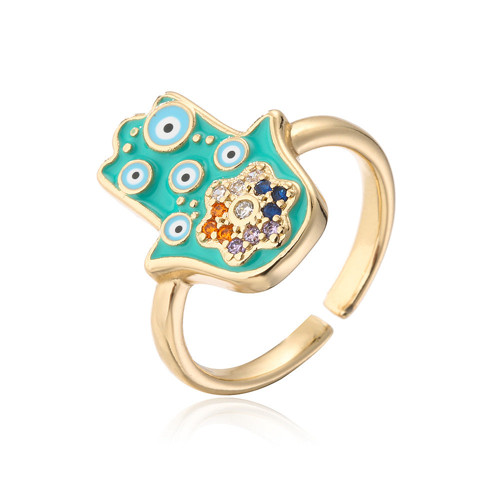 Ins Style Geometric Shaped Copper Ring with Gold Plating and Enamel Evil Eye and Hamsa Hand Design