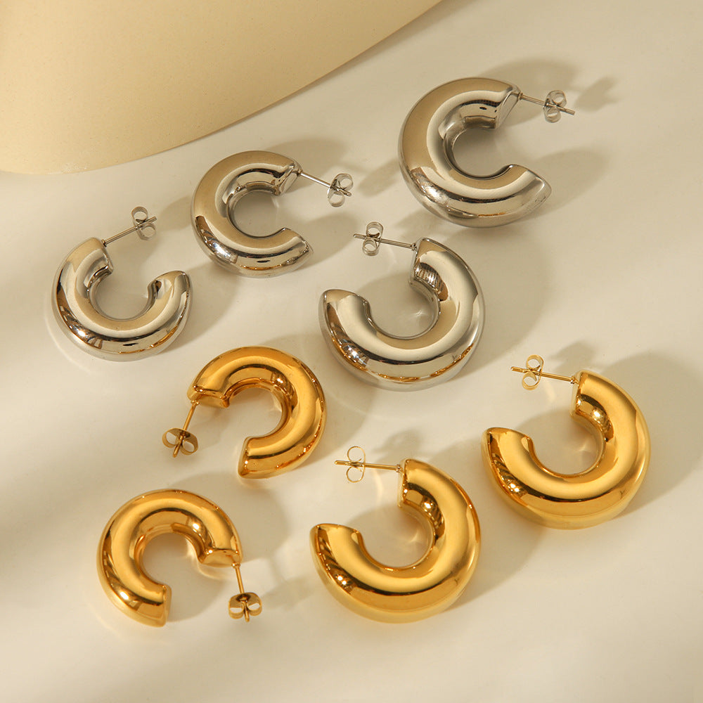 Minimalist Geometric Hollow Stainless Steel Electroplated Earrings for Women with C-Shaped Design