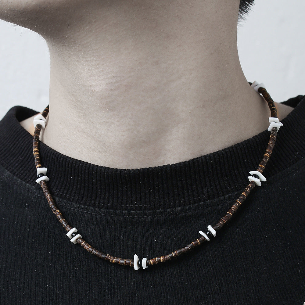 Hip-hop Bohemian Geometric Wood Shell Bead Stainless Steel Ball Chain Necklace for Unisex