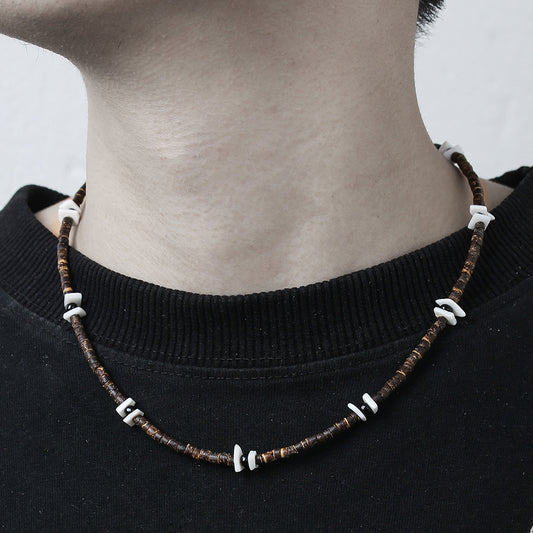 Hip-hop Bohemian Geometric Wood Shell Bead Stainless Steel Ball Chain Necklace for Unisex