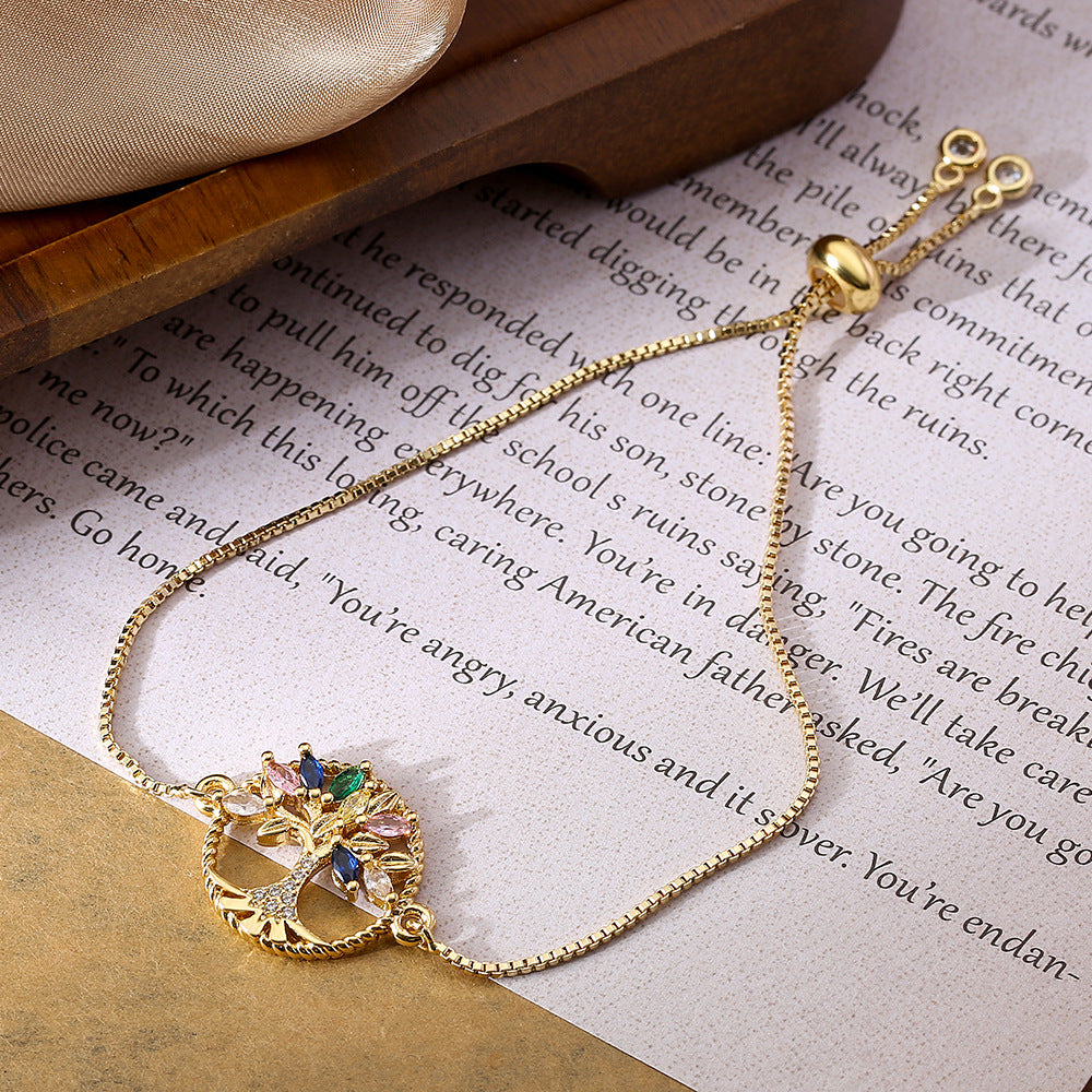 Fashion-Forward Geometric Tree of Life Eye Charm Bracelet for Women in Brass with Real Gold Plating and Micro-Pave Zirconia