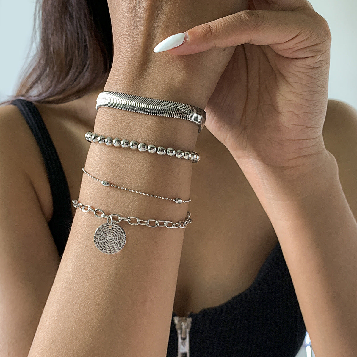 Minimalist Geometric Letter Alloy Pendant Beaded Bracelet for Women