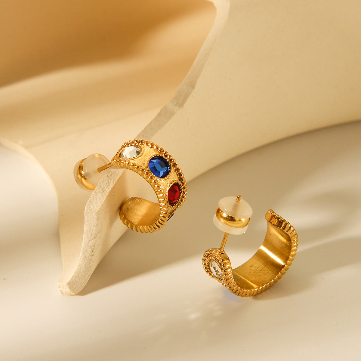 Minimalist Geometric C-Shaped Stainless Steel Earrings with Zircon Inlay Plated in 18K Gold for Women